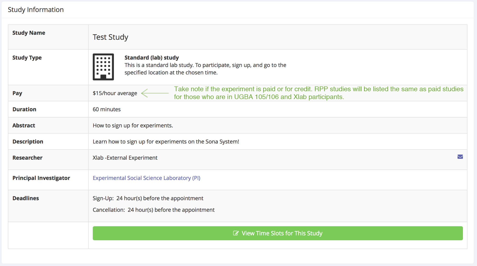 Screenshot of Study Information page on Sona; displays study information for users such as location, pay, study details, etc.