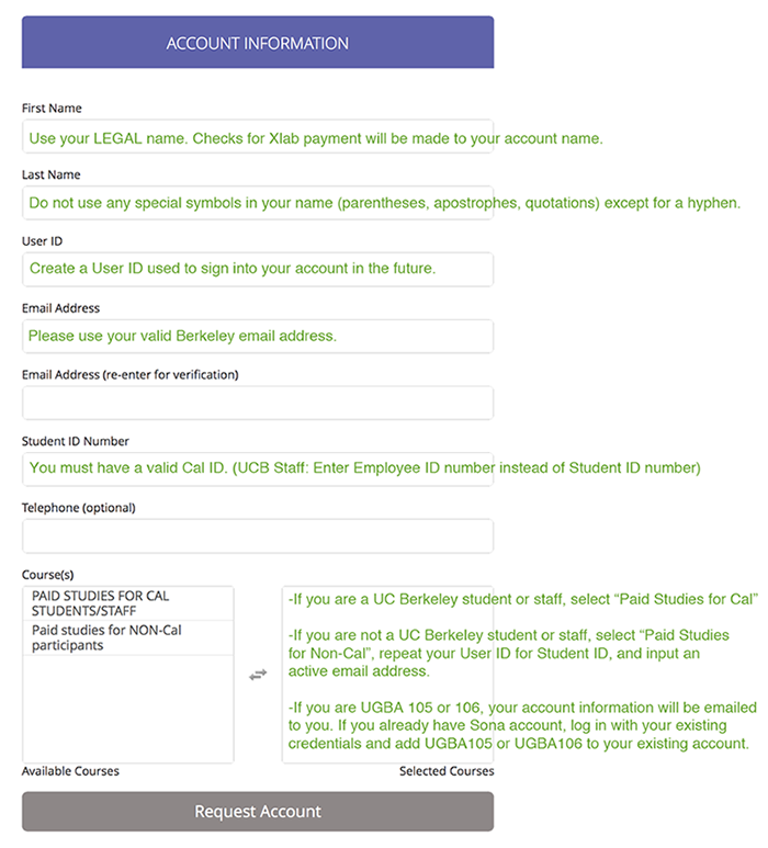 Screenshot of form to request account on Sona Systems.