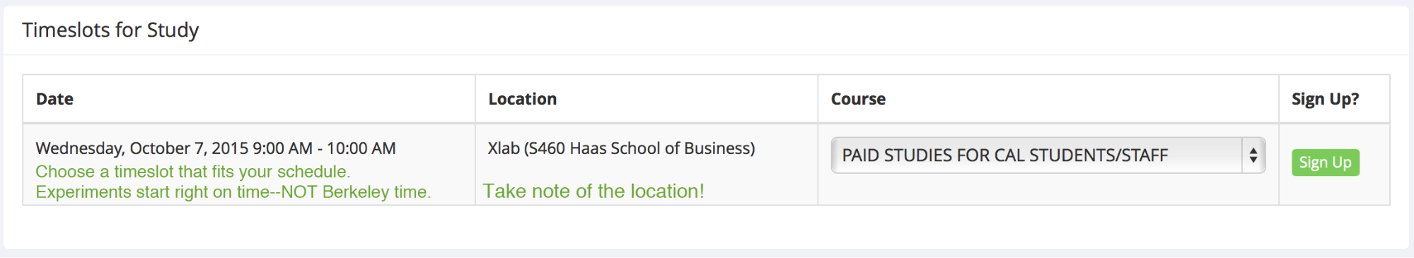 Screenshot of Timeslot for Study page on Sona Systems; tells user when session times are for a particilar study.